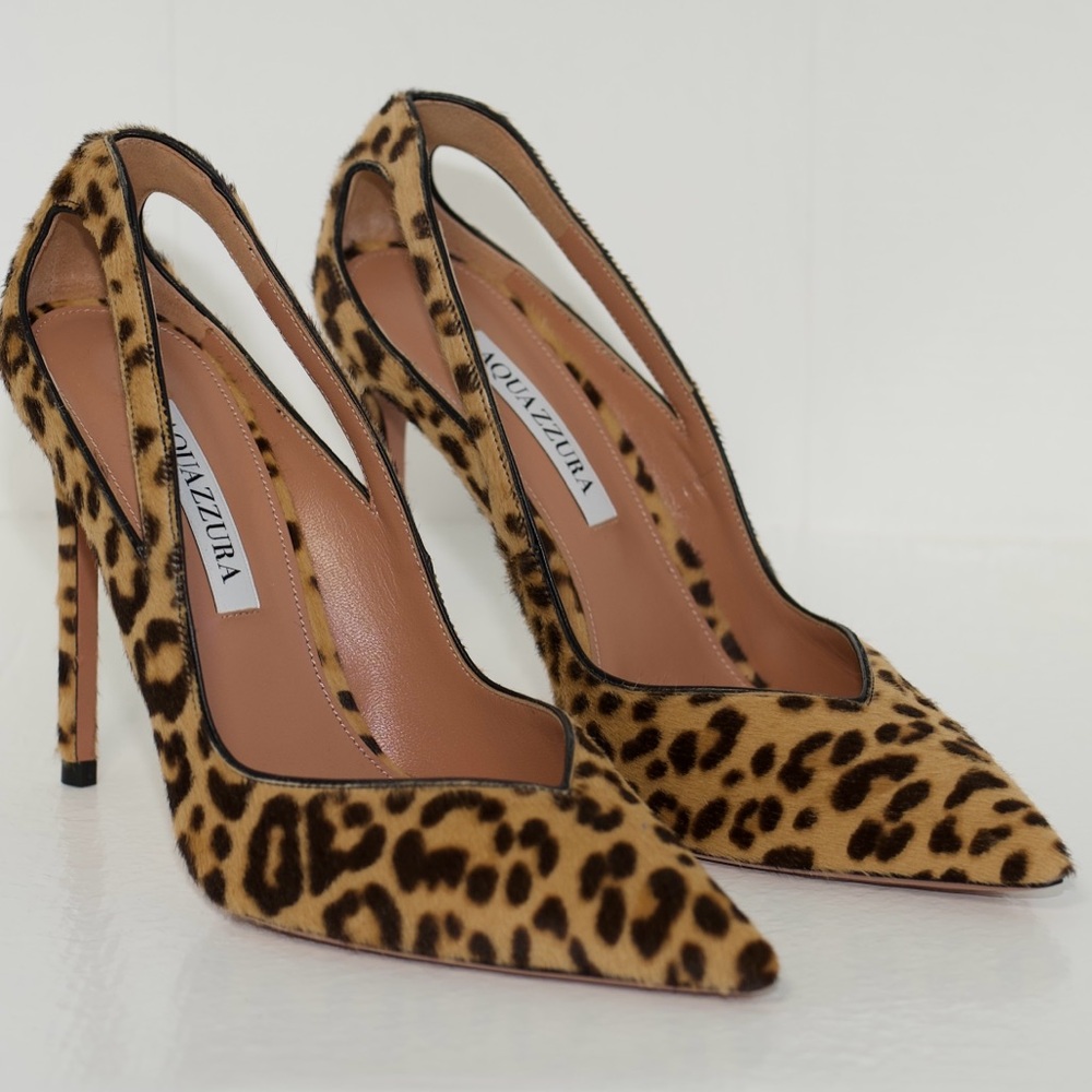 Aquazzura Sheeva Leopard Natural Pony Hair Print Cut-Out Heels 105mm Size 39 NEW - Picture 13 of 16